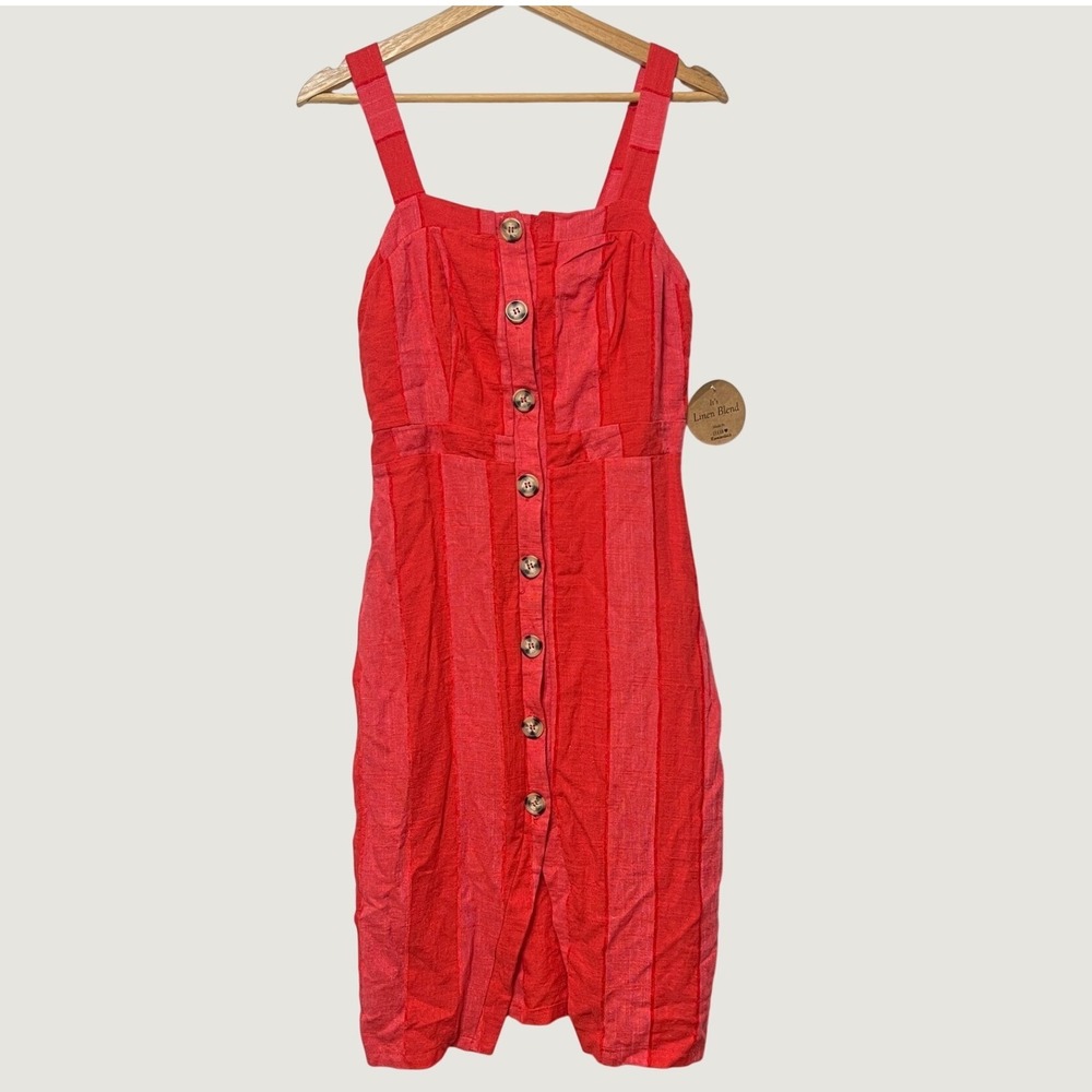 Button Front Linen Cotton Summer Coastal Dress Midi Salmon Pink Striped Large